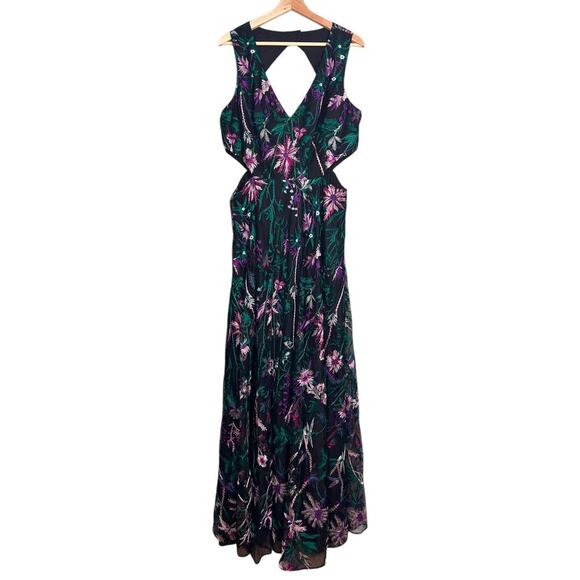 NWT Marchesa Notte Cut-Out Floral Embroidery Gown 16 Black Formal Dress Nylon - Picture 4 of 12